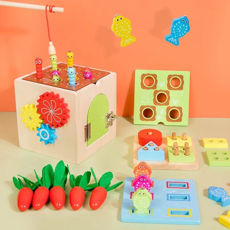 9-in-1 Wooden Montessori Busy Box – Multi-functional Shape Sorter, Early Education Toy for Kids
