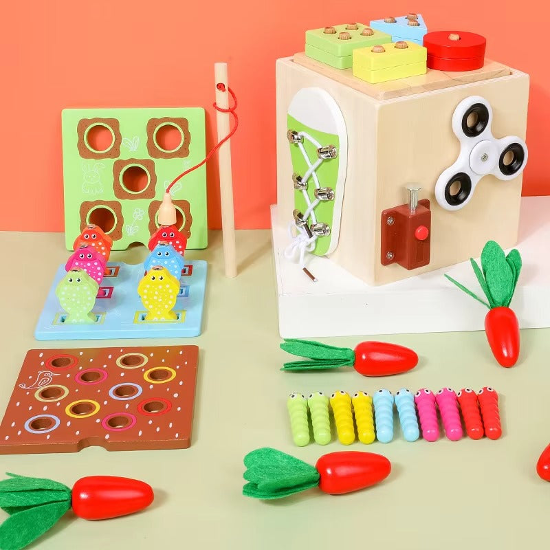 9-in-1 Wooden Montessori Busy Box – Multi-functional Shape Sorter, Early Education Toy for Kids