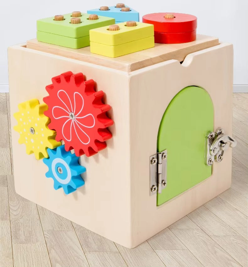 9-in-1 Wooden Montessori Busy Box – Multi-functional Shape Sorter, Early Education Toy for Kids
