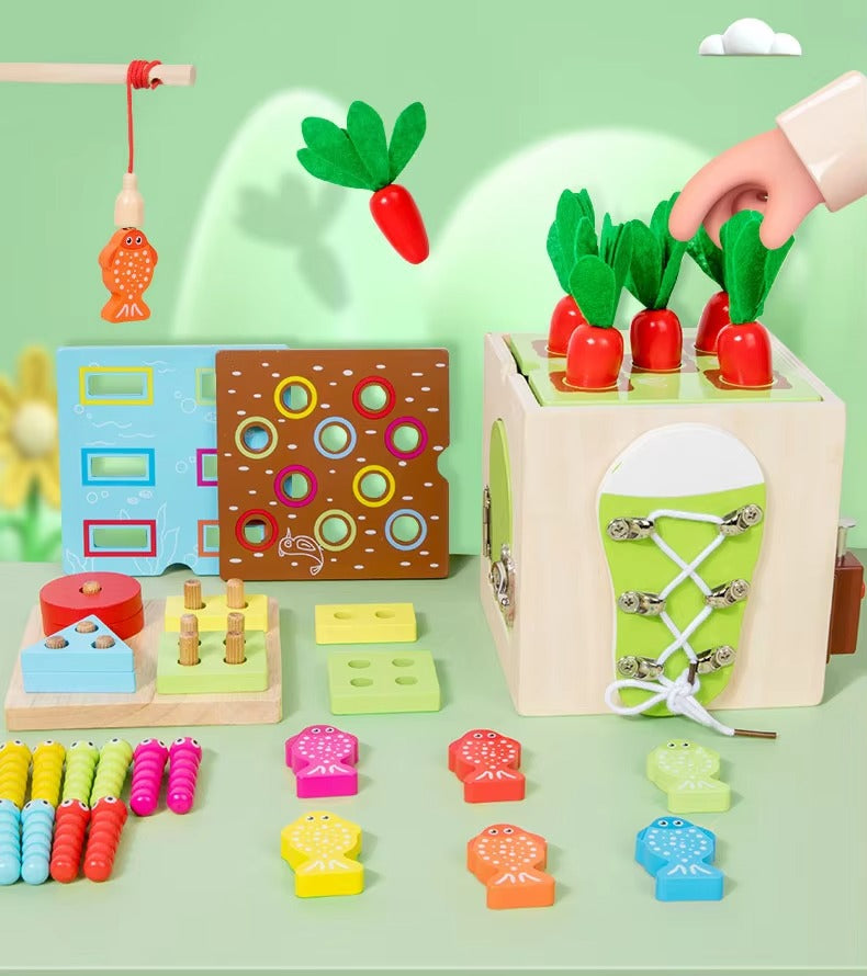 9-in-1 Wooden Montessori Busy Box – Multi-functional Shape Sorter, Early Education Toy for Kids
