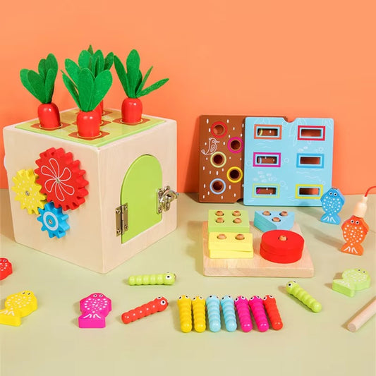 9-in-1 Wooden Montessori Busy Box – Multi-functional Shape Sorter, Early Education Toy for Kids