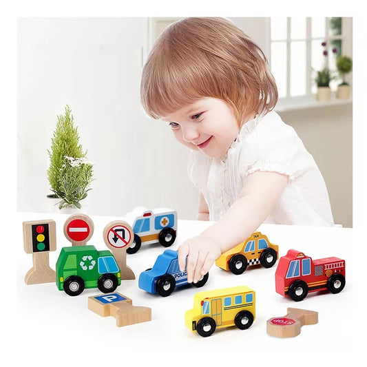 Children's Wooden Transportation & Traffic Signs Cognitive Set – Montessori, 6 Wooden Cars Toy