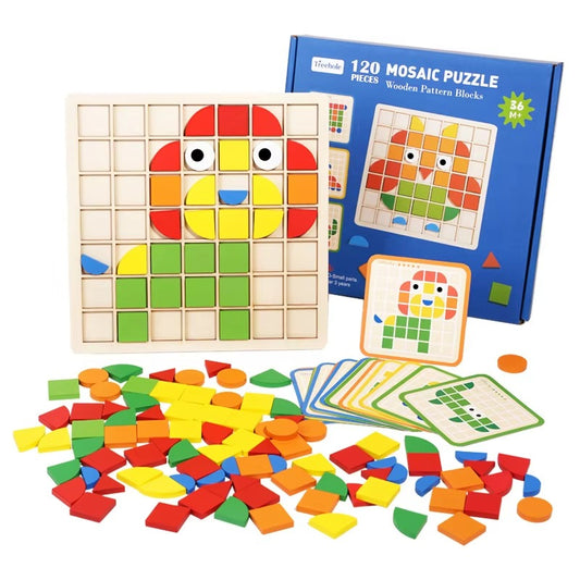 120pcs Children's Wooden Building Blocks – Mosaic Puzzle Board, DIY 3D Puzzle, Kids' Educational Toy