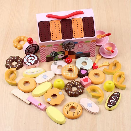 Western Afternoon Tea Wooden Kitchen Set – Kids Role Play, Pretend Vegetables Basket Toy