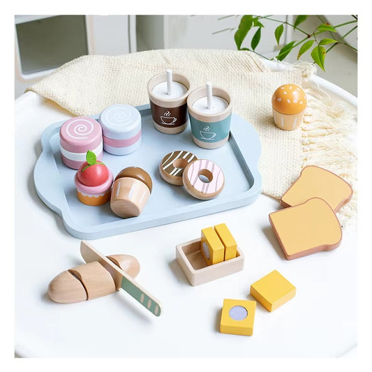 Unisex Wooden Simulation Kitchen Set – Educational, Pretend Play with Breakfast Ingredients for Kids
