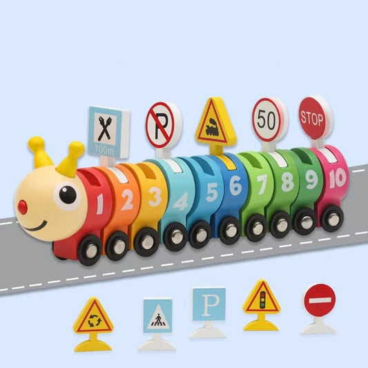 Kid's Wooden Digital Caterpillar Train – Building Blocks, Educational Cognition Toy