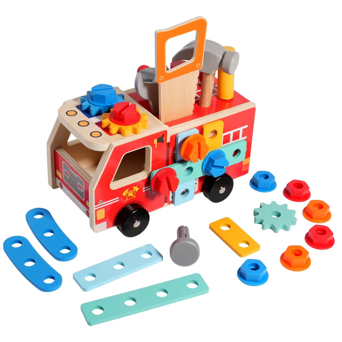 New Montessori Fire Truck Toy – Wooden, Disassemble with Screws, EN71 Certified, Early Educational, Unisex