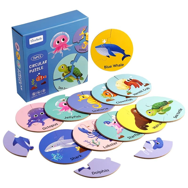 Children's Educational Wooden Puzzle – 36pcs, Forest & Marine Animal Cognitive, Circular Puzzle Game