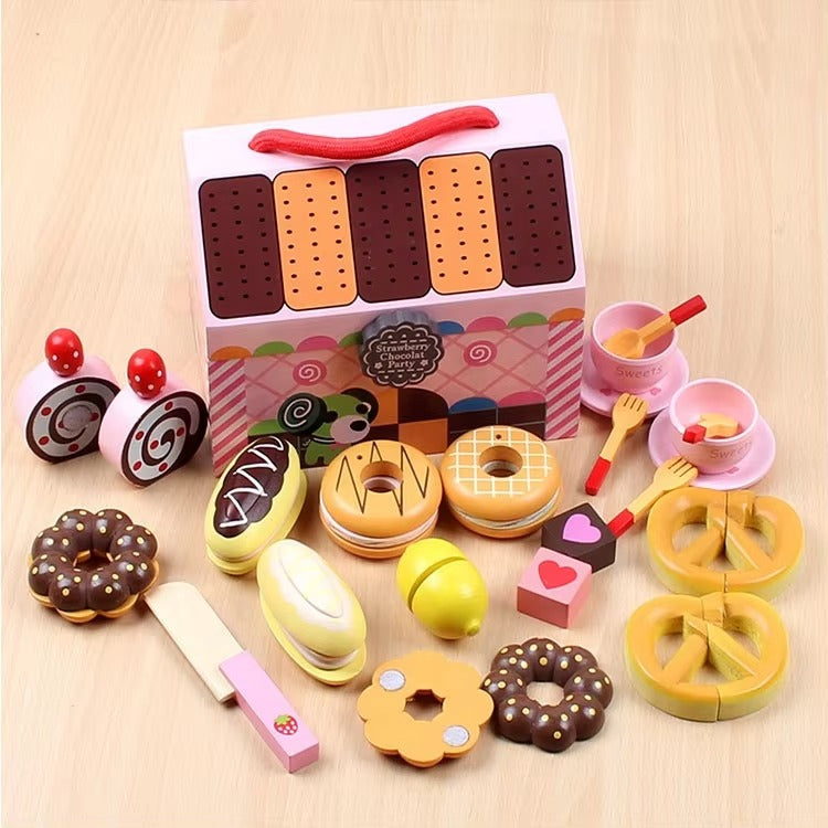 Western Afternoon Tea Wooden Kitchen Set – Kids Role Play, Pretend Vegetables Basket Toy