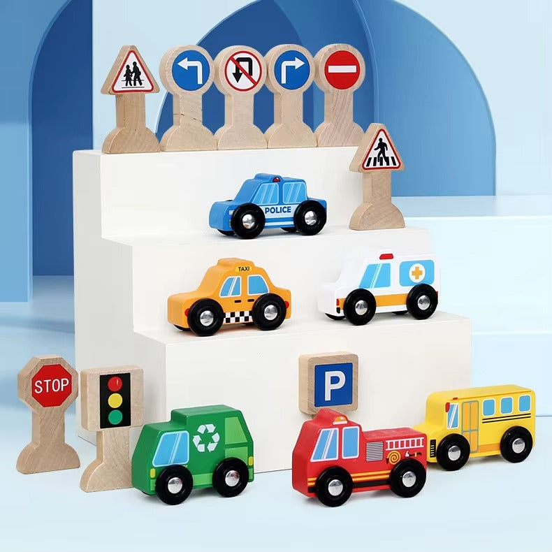 Children's Wooden Transportation & Traffic Signs Cognitive Set – Montessori, 6 Wooden Cars Toy