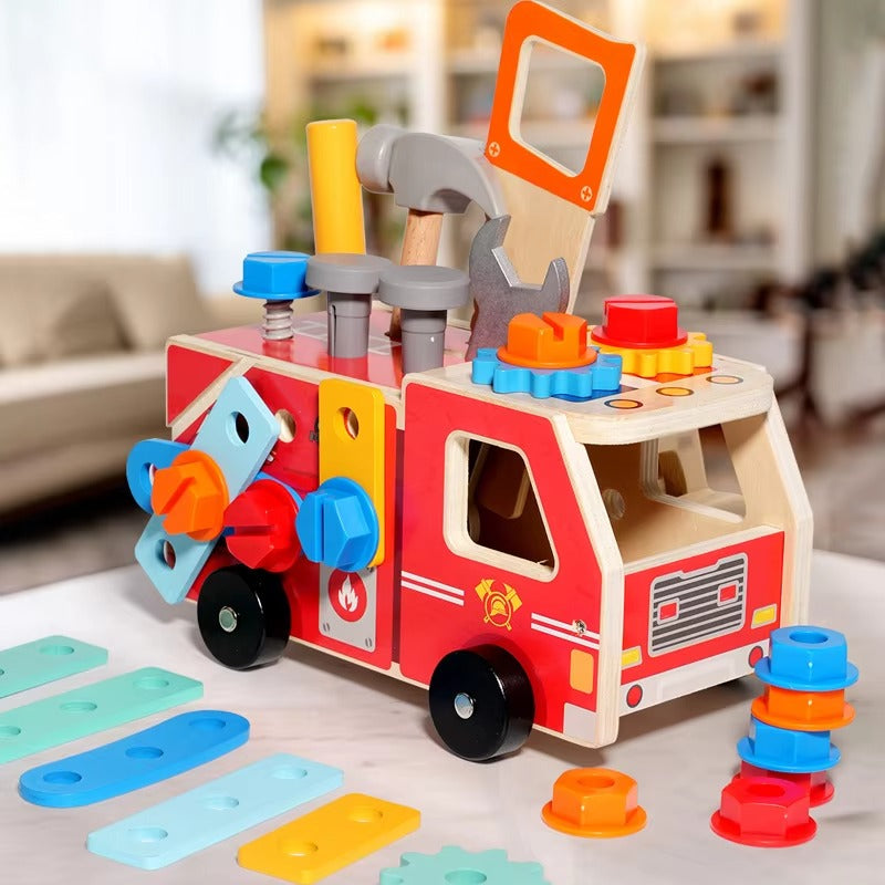 New Montessori Fire Truck Toy – Wooden, Disassemble with Screws, EN71 Certified, Early Educational, Unisex