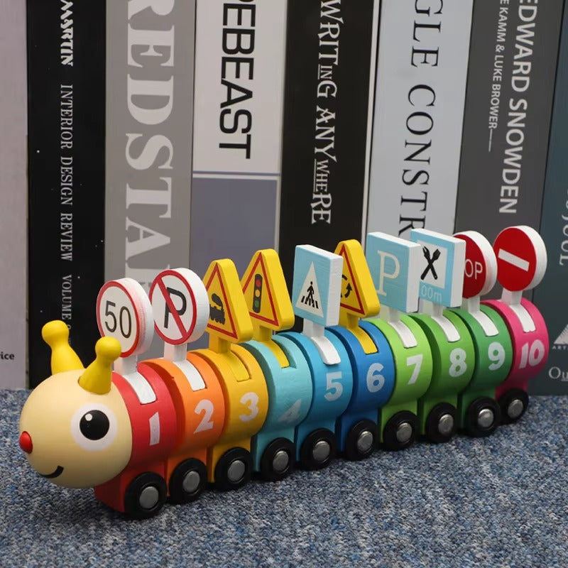 Kid's Wooden Digital Caterpillar Train – Building Blocks, Educational Cognition Toy