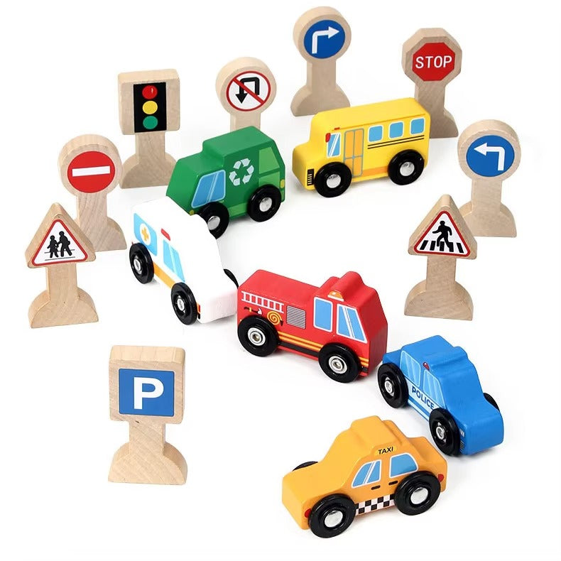 Children's Wooden Transportation & Traffic Signs Cognitive Set – Montessori, 6 Wooden Cars Toy