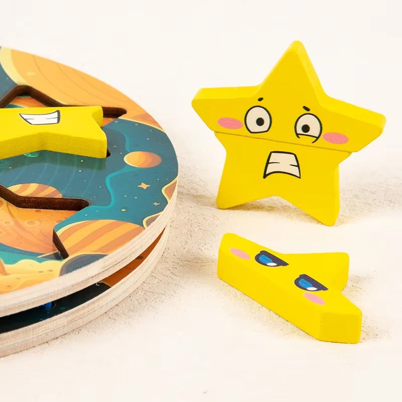 Montessori Wooden Puzzle – Star Face Changing, Dual Play, DIY Fun for Kids