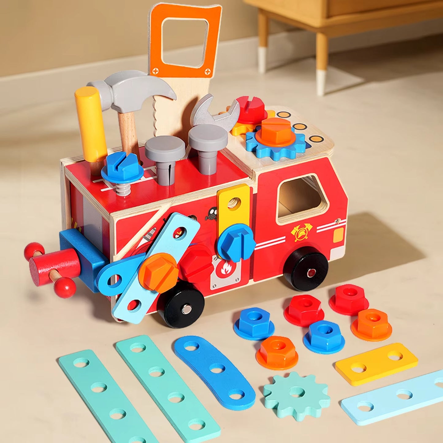 New Montessori Fire Truck Toy – Wooden, Disassemble with Screws, EN71 Certified, Early Educational, Unisex