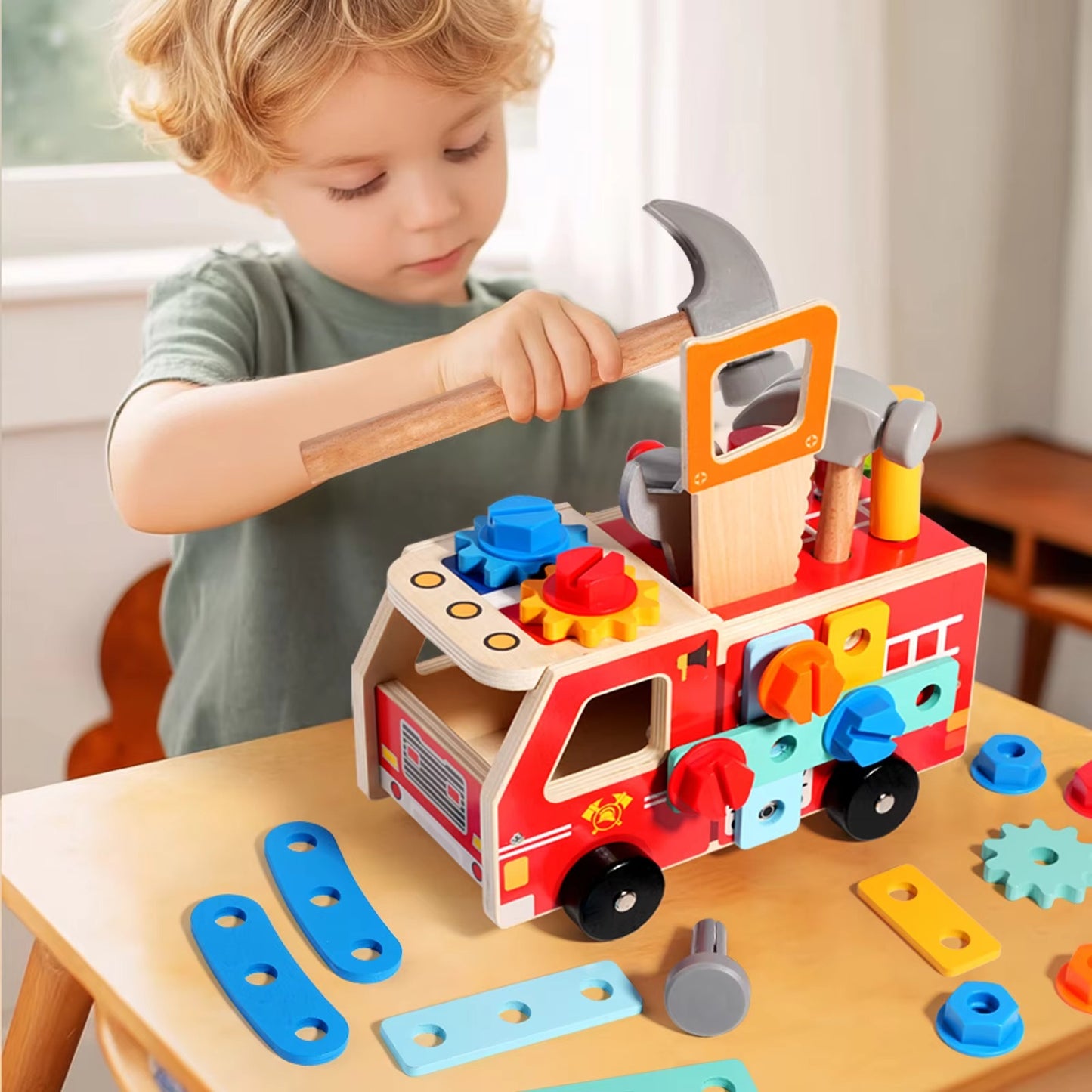 New Montessori Fire Truck Toy – Wooden, Disassemble with Screws, EN71 Certified, Early Educational, Unisex