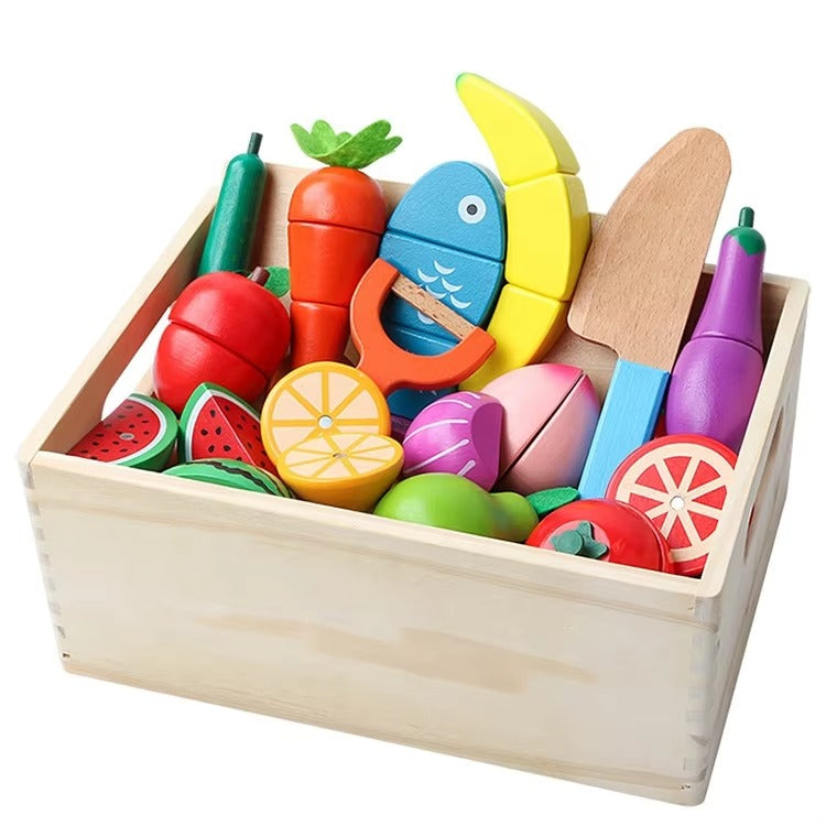 16-Piece Wooden Fruit Cutting Set – Teaches Part & Whole, with Wood Crate