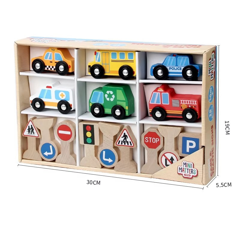 Children's Wooden Transportation & Traffic Signs Cognitive Set – Montessori, 6 Wooden Cars Toy