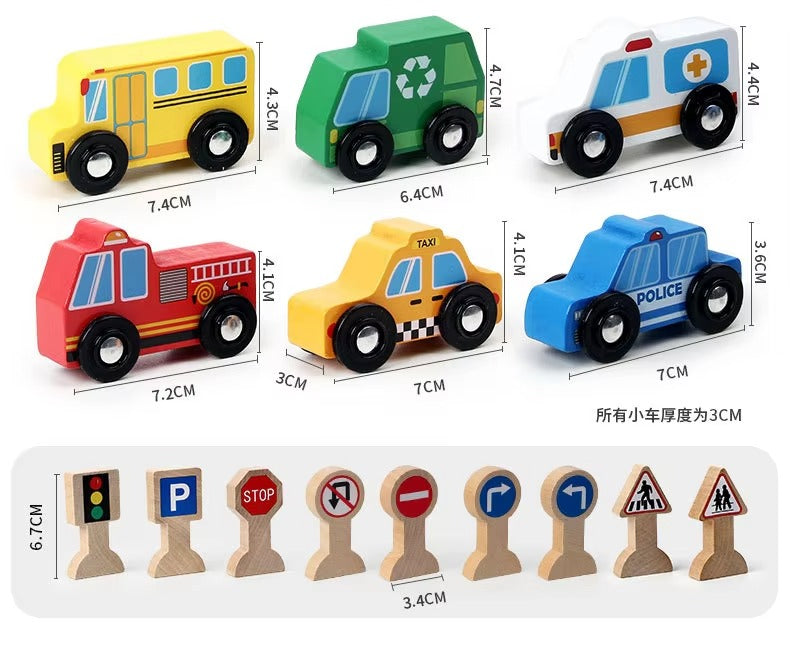 Children's Wooden Transportation & Traffic Signs Cognitive Set – Montessori, 6 Wooden Cars Toy