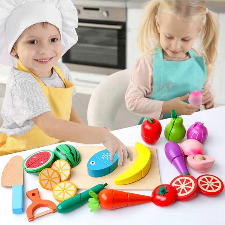 16-Piece Wooden Fruit Cutting Set – Teaches Part & Whole, with Wood Crate