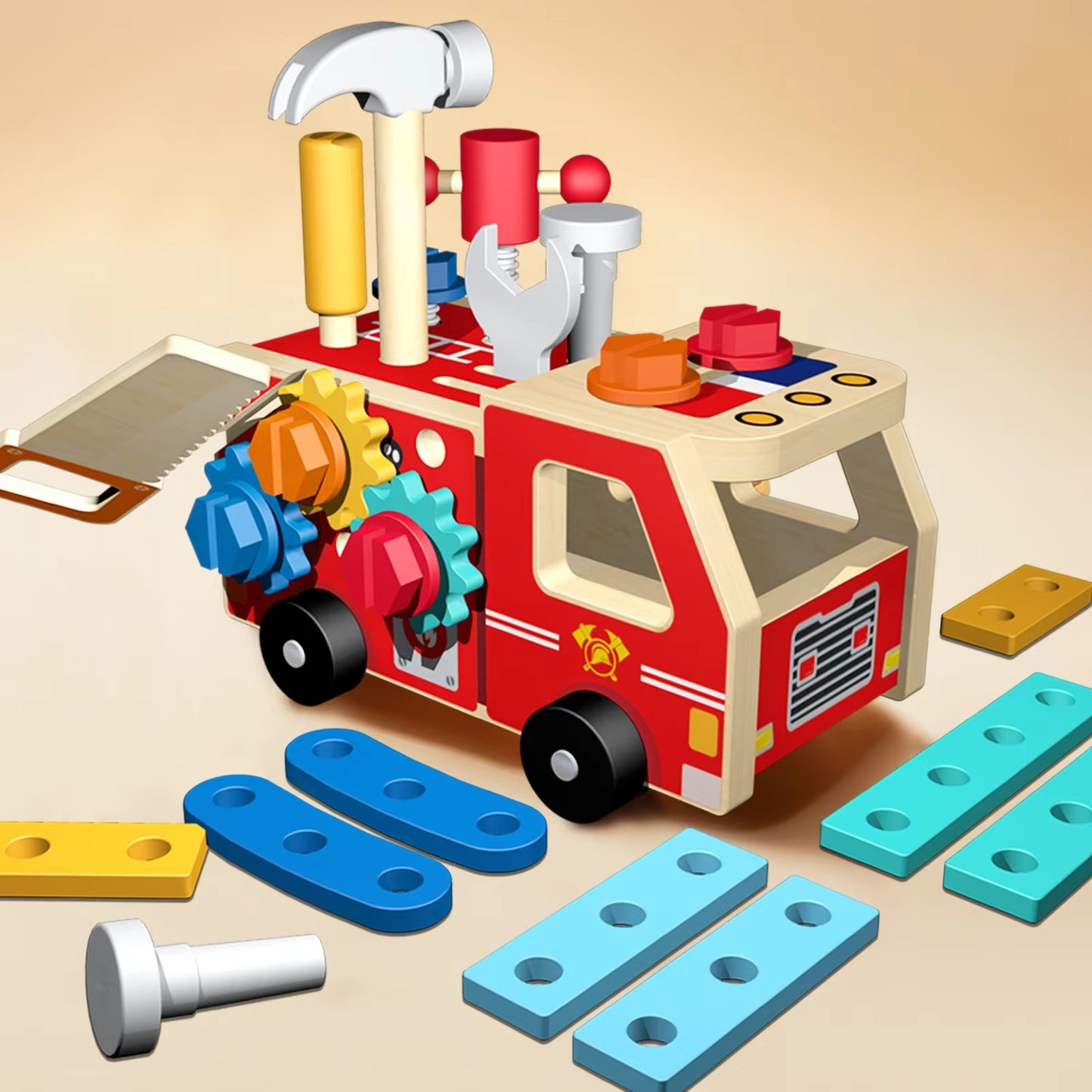 New Montessori Fire Truck Toy – Wooden, Disassemble with Screws, EN71 Certified, Early Educational, Unisex