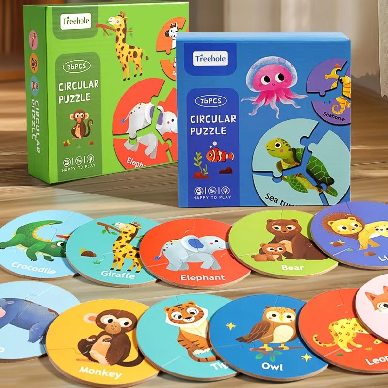 Children's Educational Wooden Puzzle – 36pcs, Forest & Marine Animal Cognitive, Circular Puzzle Game